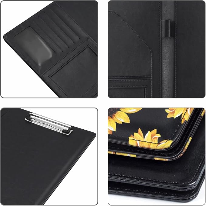 Portfolio Case for Women, Cute Padfolio Cover Folder, Conference/Resume/Legal Document Organizer with Letter/A4 Size Clipboard Hardboard, Business Card Holders, Document Sleeve, Sunflower