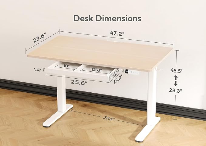 Claiks Electric Standing Desk with Drawers 48 x 24 Inch Natural | Sturdy steel frame supports 176 Lbs, Waterproof desktop with wire holes, 25.6 x 11.8 Inch plastic drawer fits 14 Inch laptop