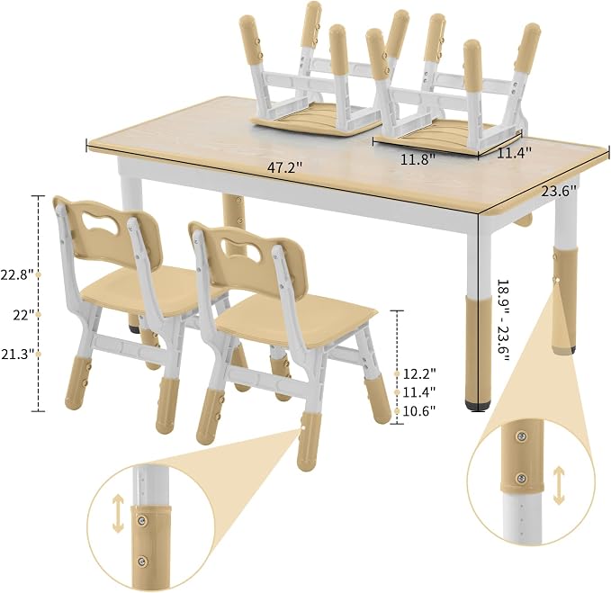 DOREROOM Adjustable Kids Table & 4 Chairs Set, 47.2" L x 23.6" W, Beige-W | Graffiti Desktop,Table Supports 300 lbs,Toddler Ages 2-8，FSC-certified, Children Activity Table for Daycare, Classroom, Home