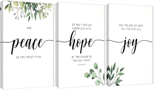 3 Piece Inspirational Wall Art, White Plants Background Picture, Quotes "Peace Hope Joy" Canvas Print for Home Decor, Triptych Motivational Poster Framed Artwork for Classroom Wall Decor (36"Wx18" H)