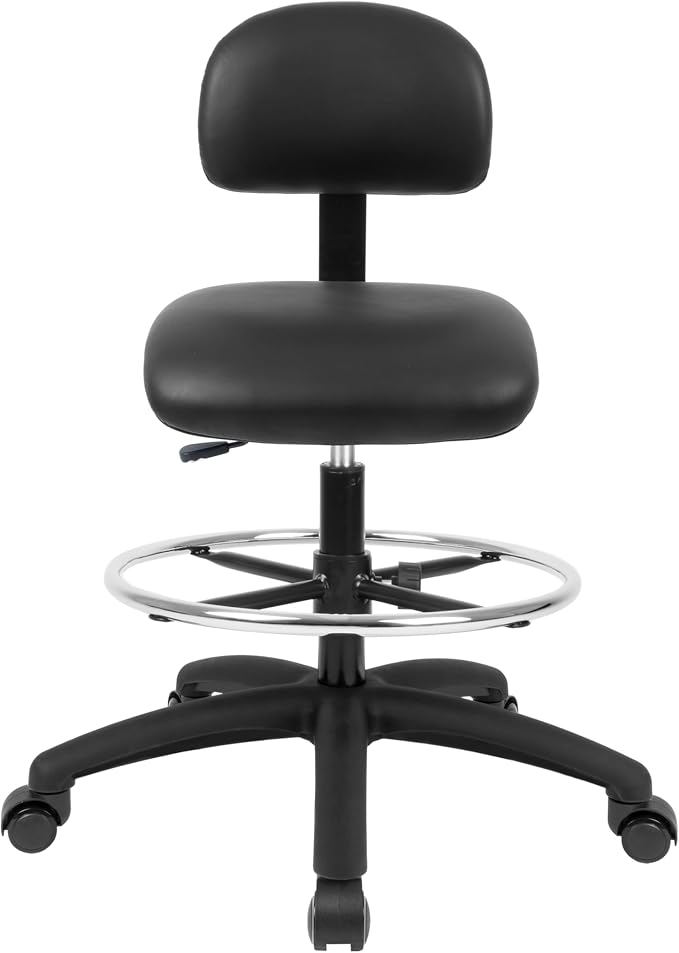 FSS Series Square seat Tall (24"-34") seat Height Chair. Vinyl-for Office, Garage, Desk, Shop, Computer, Doctor, Medical, Easy to Clean! 18" Footring (Black, Tall, Self Braking Casters)