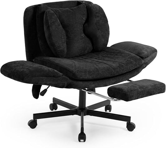 Criss Cross Office Chair with Footrest and 5-Gear Adjustable Arms, Black | Wide seat cross-legged desk chair, flip lumbar pillow, airbag support, linen fabric, for home office, vanity and meditation