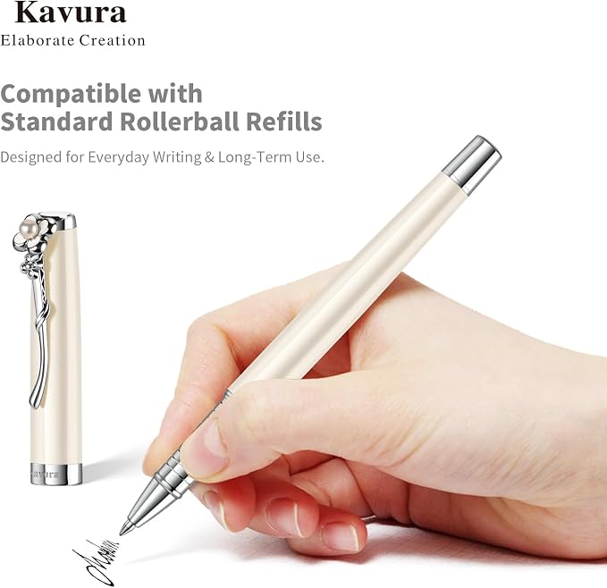 Four-Leaf Clover & Pearl Rollerball Pen – Elegant Brass Pen Gift Set for Women, Jewelry-Inspired Design, Glossy Finish, German Refill, Good Luck Gift for Her, New Job & Graduation (Pearl White)