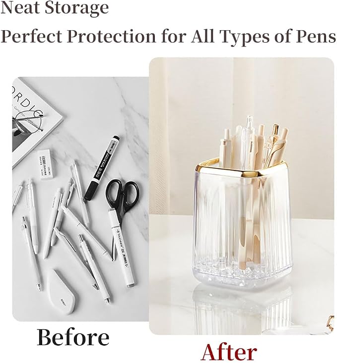 Acrylic Pen Holder, Cute Clear Desk Organizer for Pencils, Makeup Brushes Toothbrushes Storage Cup with Striped Design for Vanity Bathroom