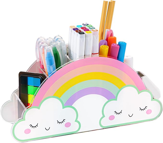 Kids Desk Organizer Pencil Holder Desk Accessories Caddy for Homeschool | Rainbow Acrylic Pen Holder Caddy for Classroom Office Desktop Storage Art Supplies Organizer Back to School Birthday Gifts