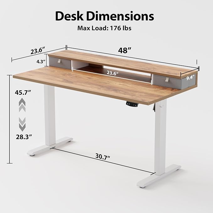 Agilestic 48 x 24 Inches Electric Standing Desk with 2 Storage Drawers, Adjustable Height Sit and Stand Computer Table with Splice Board, Light Rustic Brown