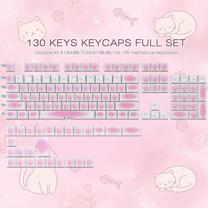 Sunzit 130 Keys Side Printed PBT Keycap PBT Keycaps Set, Shine Through Custom Key caps, Dye-Sublimation Cherry Profile Keycap for MX Switches Mechanical Keyboard