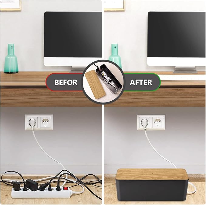 Tuwechen Cable Management Box, Large Cable Organizer Box to Hide Wires | Wooden Grain Design, TV & Desk Computer Wires Cord Hider, Desk Cord Organizer, Floor Outlet Hiders, for Home & Office, Black