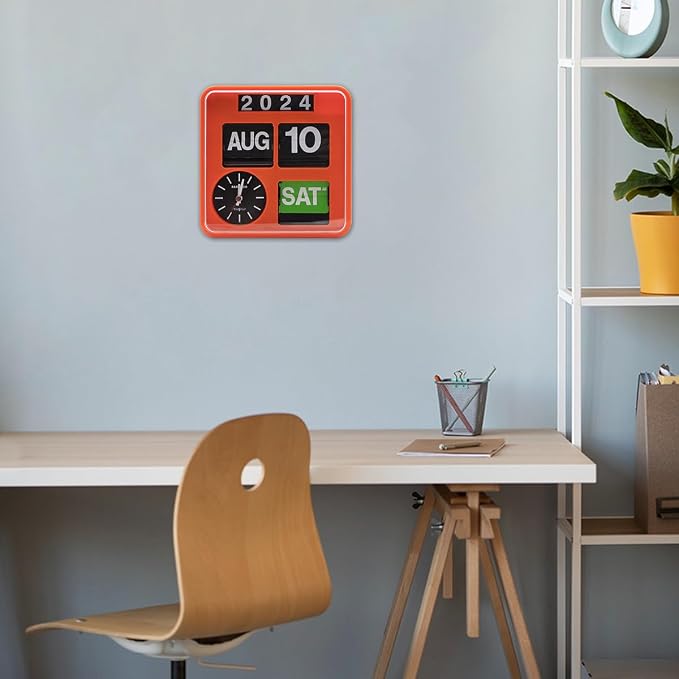 Retro Modern 9.45 Inches Calendar Day Date Flip Desk Wall Clock (Black)(No Battery Included) (Amber)