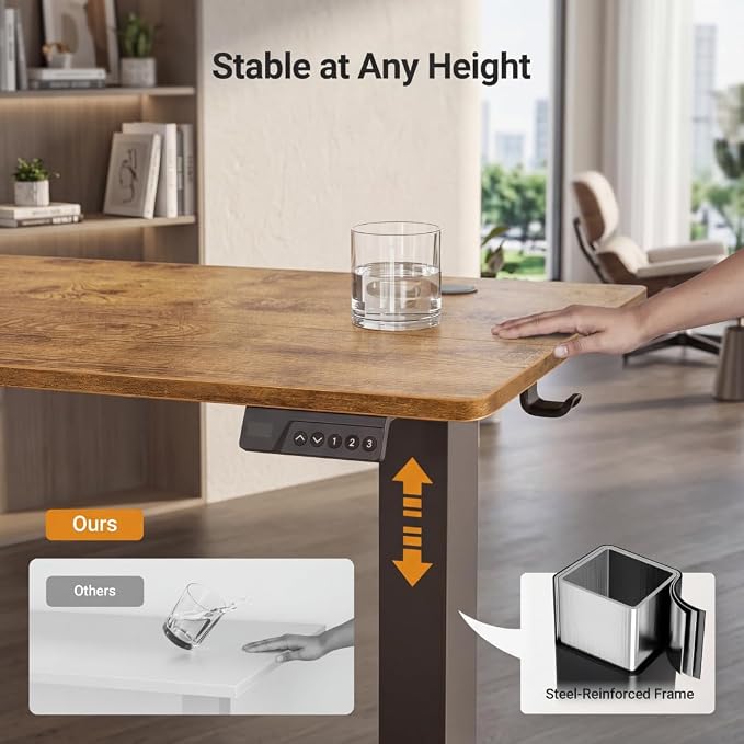 Claiks 32 x 19 Inch Rustic Brown Electric Standing Desk | Adjustable Height, Sit Stand, 3 Memory Presets, Cable Management, Space-Saving, Home Office & Bedroom
