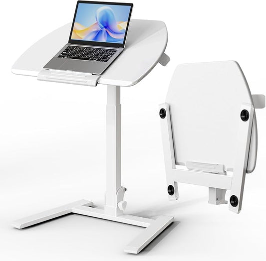 ROMOON Folding Small Standing Desk with Wheels, No-Assembly Portable Sit-Stand Laptop Cart, Adjustable Height Rolling Space Saving Workstation for Home Office, Small Space (White)