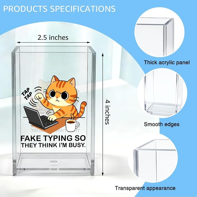 Tap Tap Fake Typing So They Think I'M Busy Acrylic Organizer Pencil Pen Holder, Cute Cat Office Desk Accessories Holder for Women HR Coworker Friend, Sarcastic Gifts for Coworker Accountant