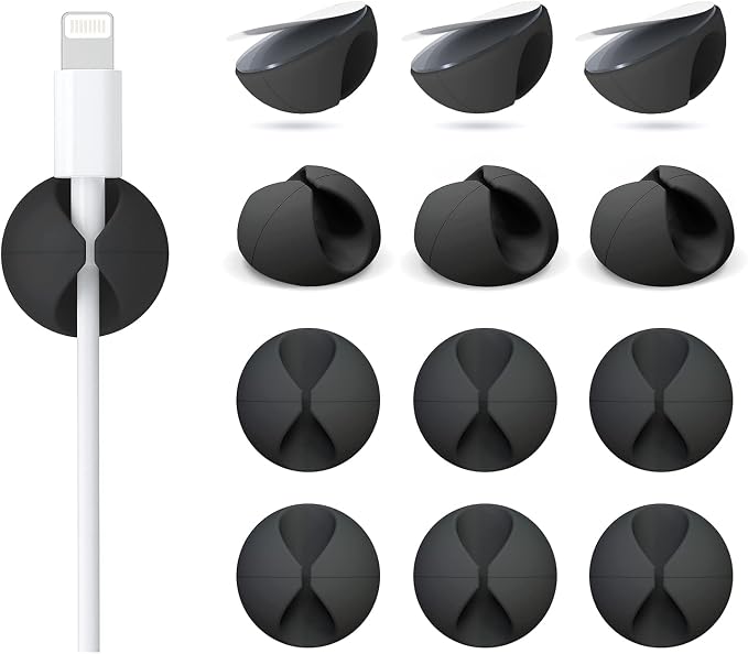 12 Pack Cable Clips, Adhesive Cord Organizer Holder for Desk Black | Removable, Strong Adhesion, Leave No Trace, Cable Management for Car Cubicle Nightstand, Home Office Essentials