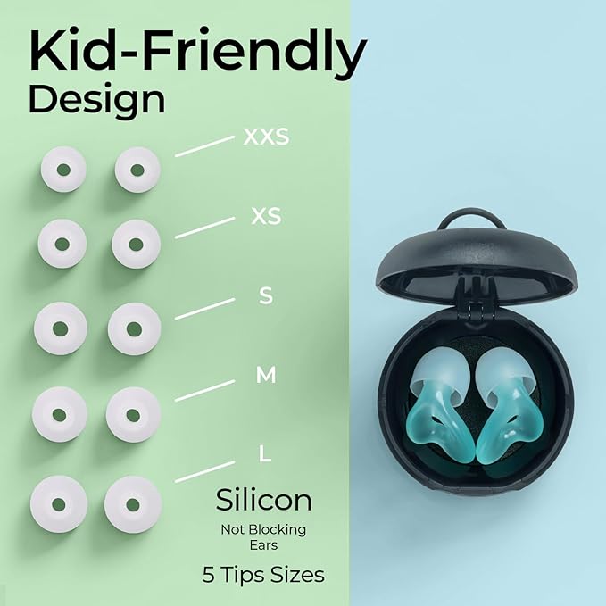 Kids Ear Plugs (6-12 yrs) - Reusable Noise Cancelling Ear Protection with 5 Ear Tip Sizes (XXS - L) for School, Sports, Playground - 23dB Noise Reduction for Focus and Comfort
