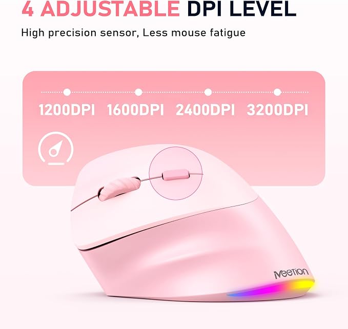 MEETION Left-Handed Mouse, Ergonomic Mouse Wireless Vertical Mouse, RGB Rechargeable Mice for Bluetooth(5.2 + 3.0) & USB, 4 Adjustable DPI for Mac/Windows/PC/Tablet/iPad Pink