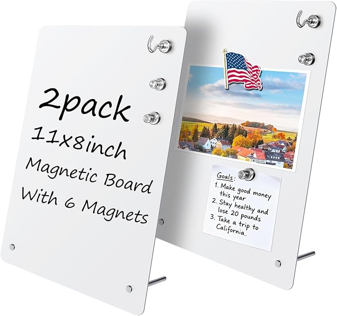 2 Pack Small Magnet Board - White Magnetic Board | 11x8Inch Metal Magnetic Bulletin Board with 6 Magnets, Magnet Display Stand for Home School Kitchen Office
