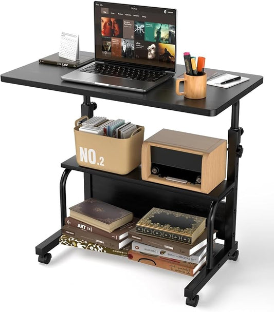 Simple Deluxe 31.5" Manual Standing Desk, Height Adjustable Mobile Computer Desk with Lockable Wheels & 2-Tier Storage, Rolling Laptop Table for Small Spaces & Home Office, Black