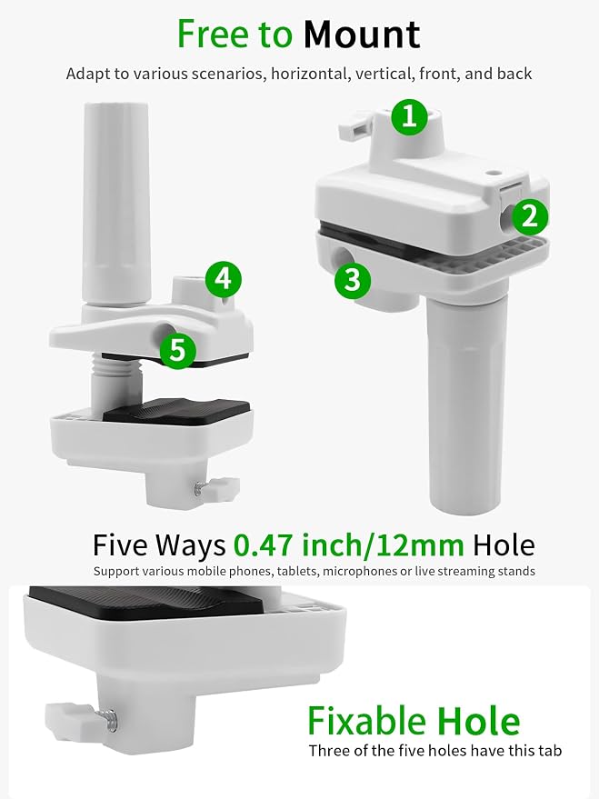 Desk Clamp Mount For Microphone Suspension Boom Scissor Arm Stand Holder, 5 Ways Boom Arm Insert Holes(12mm), Stable Installation on Tables/Beds up to 3.2 inches Thickness (White)