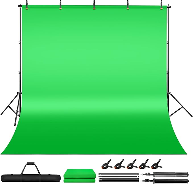 Green Screen Backdrop Kit, 6.5 x 10 Ft Portable Greenscreen Background with Stand, 5 Clamps & Carrying Bag for Photography, Streaming, Zoom, Gaming, YouTube