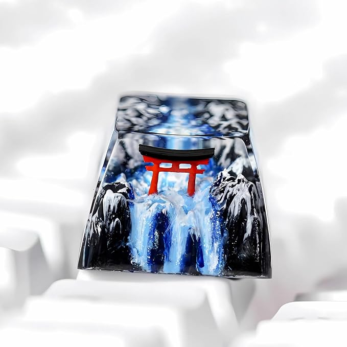 Red Torii Gate Artisan Keycap Winter Waterfall - 1U ESC, R1 SA Profile Custom Handmade Resin Cherry MX Switch Key Cap Mechanical Keyboard, Cool Tech Gifts for Men, Dad, Father, Gamer, Japan Lover