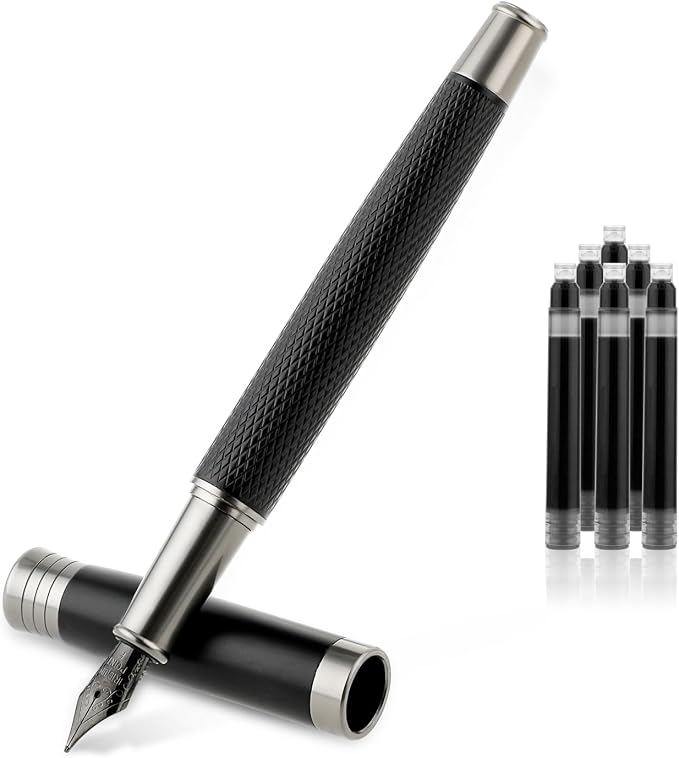 TIESOME Luxury Fountain Pen Set, Metal Fountain Pen with 6 2.6mm Ink Cartridges Smooth Writing Calligraphy Pens for Journaling Gift Office Business (0.5mm fine point)