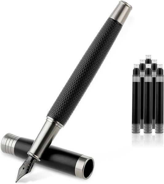 TIESOME Luxury Fountain Pen Set, Metal Fountain Pen with 6 2.6mm Ink Cartridges Smooth Writing Calligraphy Pens for Journaling Gift Office Business (0.5mm fine point)