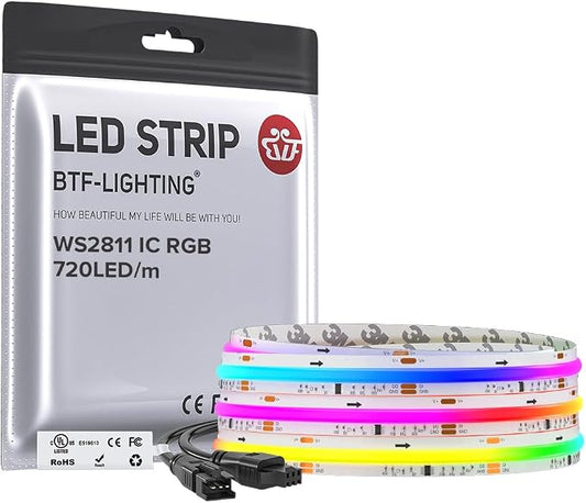 BTF-LIGHTING WS2811 Smart IC RGB FCOB COB LED Strip, UL Listed 720LEDs/m High Density Color Chasing Uniform Light, DC12V 9.8FT 12mm Width Tape Light for Home Party DIY Decor(No Adapter or Controller)
