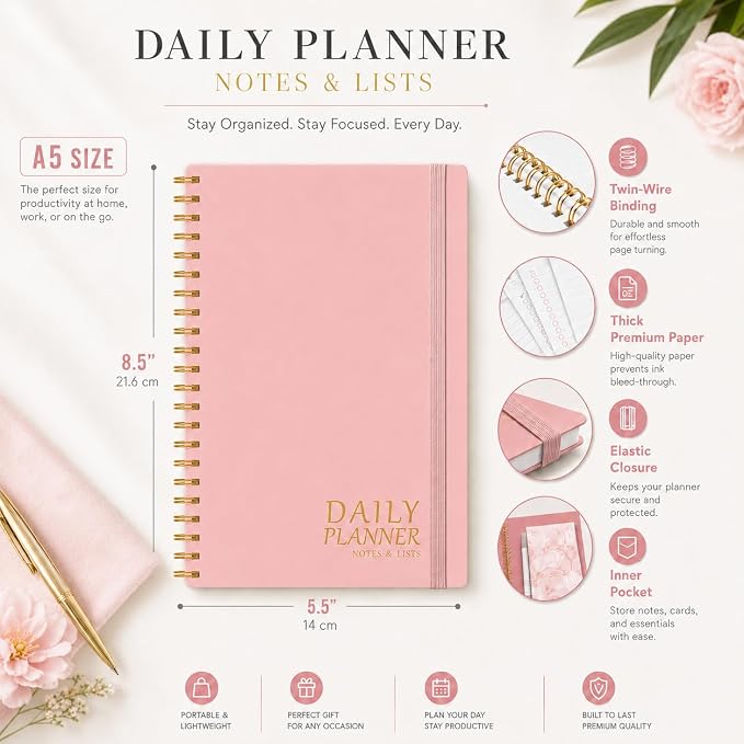Daily Planner with Hourly Schedules - Undated To Do List Notebook, Spiral Bound, 5.5" x 8.5", Manage Your Tasks and Appointments, The Perfect Office Supplies for Women - Pink