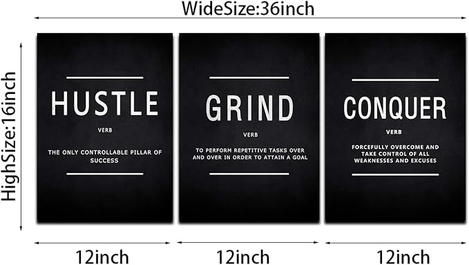 KAWAHONE Grind Hustle Conquer Success Wall Art, Motivation Canvas Wall Decor Framed Inspirational Painting Quotes Positive Poster Wall Hanging Picture for Home Office Workplace - 12" Wx16 Hx3piece