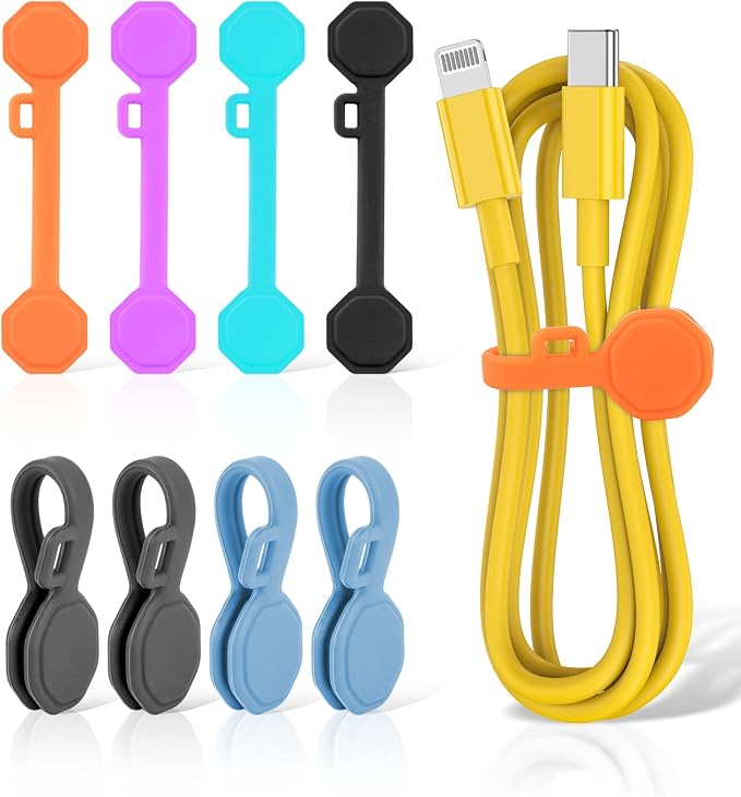 8 PCS Silicone Magnetic Cable Ties, Reusable cord Organizer clips | magnet cord holder for phone charging, compatible with USB/lightning cables, bookmarks, whiteboard magnets, fridge magnets