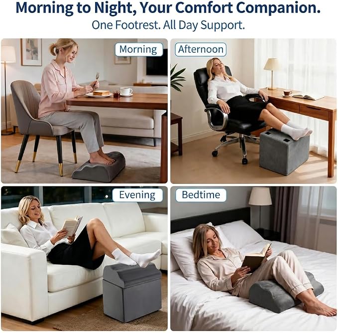 Foot Rest for Under Desk at Work, Ergonomic Footrest Stool, 3 Adjustable Heights Foam Cushion Pillow for Leg & Feet Support, Non-Slip Washable Cover for Office Gaming Chairs, Computer Desk, Home, Car