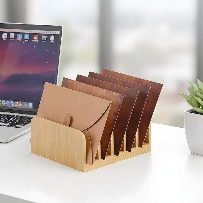 2Pcs Desk Mail Organizer with Divider, Bamboo File Holders, Vertical Letter Sorter for Desktop, Countertop Paper Organizer, 5 Compartments Envelope Holders for Bill, Document, Notebook