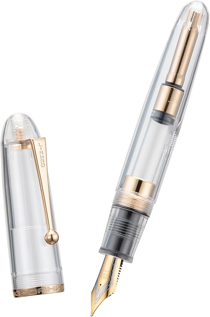 Jinhao 9019 Fountain Pen Dadao Series Transparent Clear Acrylic Gold Trim #8 Extra Fine Nib with Large Converter for Writing, Signature and Calligraphy