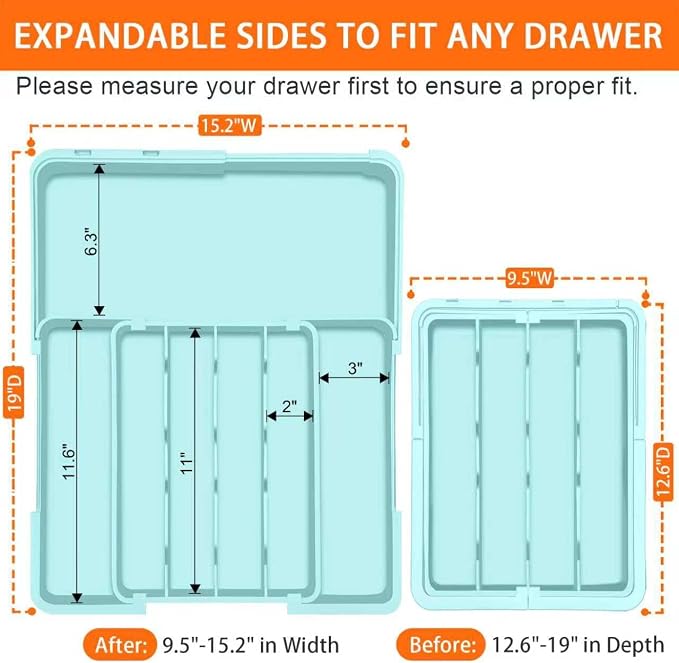 Silverware Organizer - Expandable Silverware Drawer Organizer Adjustable Drawer Organizer, Silverware Tray for Drawer15.2"x 19" Cutlery Drawer Organizer, Kitchen Organizers Storage, Turquoise
