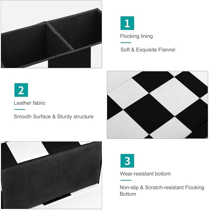 Black And White Grid PU Leather Pen Holder Desk Organizer, 2-Compartment Pencil Container for Office, Home, Vanity Use
