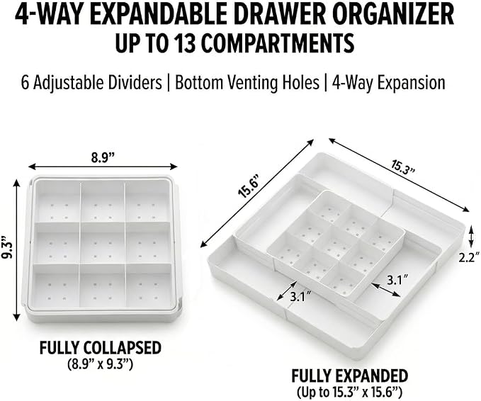 4-Way Expandable Drawer Organizer, 2.2" Low Profile Tray, White | Up to 13 compartments with 6 adjustable dividers & anti-slip pads. Ideal desk tray for office stationery & makeup vanity.