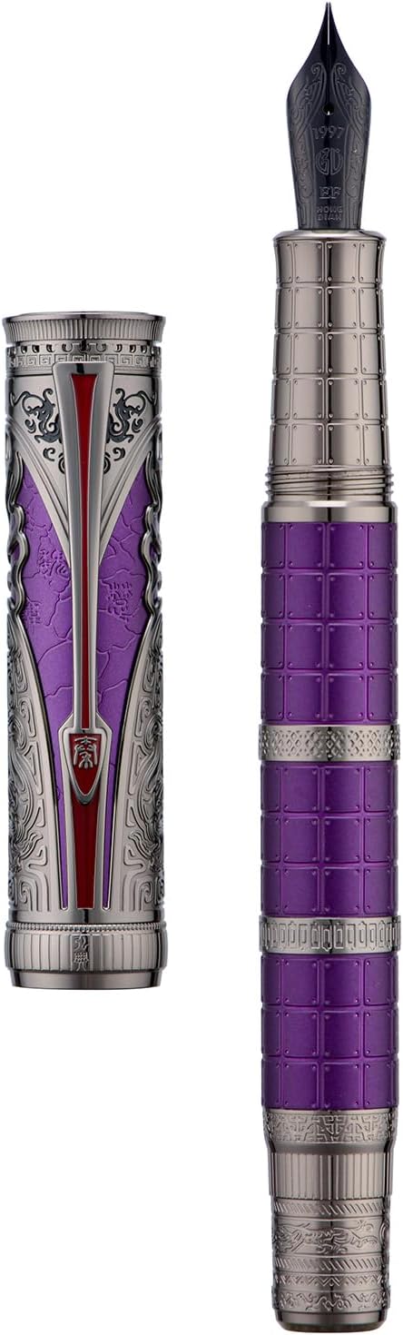 Hongdian D5X Fountain Pen Purple Color Extra Fine Nib, Qin Dynasty Retro Chinese Totem Engraving Smooth Writing Pen with Converter and Pen Box Set