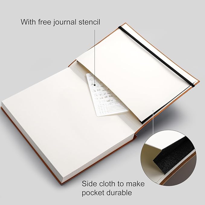 AHGXG Dotted Journal - Large A4 Notebook Dotted, 8.5''×11'', 320 Pages Dot Grid Notebook, 100gsm Thick Paper, Leather Softcover, with Journal Stencils, Inner Pocket, Black
