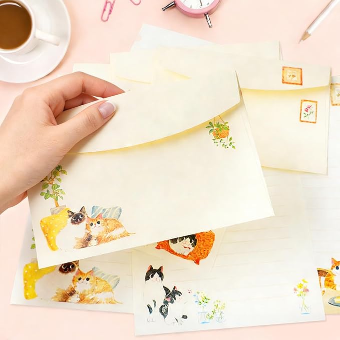 37 Pcs Stationery Paper Envelopes Set Includes 24 Lined Writing Paper & 12 Envelopes with 48 Colorful Round Dot Stickers, Cute Cat Letter Writing Stationery Paper Envelopes Gift (4Style)