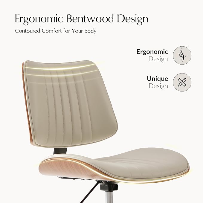 HULALA Home Faux Leather Home Office Desk Chair No Wheels, Ivory | Mid-Century Modern Desk Chair with Wood Legs, 360° Swivel Computer Task Chair with Channel-Tufted Backrest, Height Adjustable