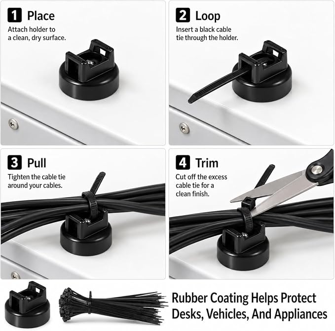Magnetic Zip Tie Mounts 20mm, 15 Pack Cable Tie Mount Bases with 50 Zip Ties, Heavy Duty Cable Clips for Wire Management, Magnet Cord Holder Organizer for Desk, PC, Home Office