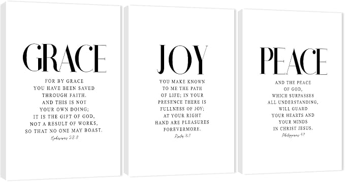 3 Piece Inspirational Wall Art White Motivational Mindset Picture, Quote "Grace Joy Peace" Canvas Print for Christian Gifts, Triptych Entrepreneur Poster Framed Artwork for Home Wall Decor(36"Wx24" H)