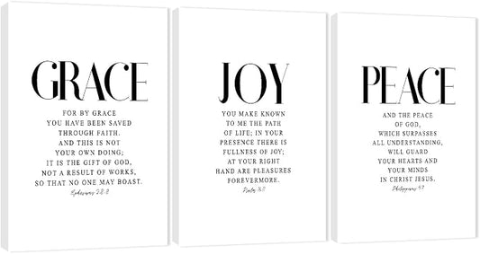 3 Piece Inspirational Wall Art White Motivational Mindset Picture, Quote "Grace Joy Peace" Canvas Print for Christian Gifts, Triptych Entrepreneur Poster Framed Artwork for Home Wall Decor(36"Wx24" H)