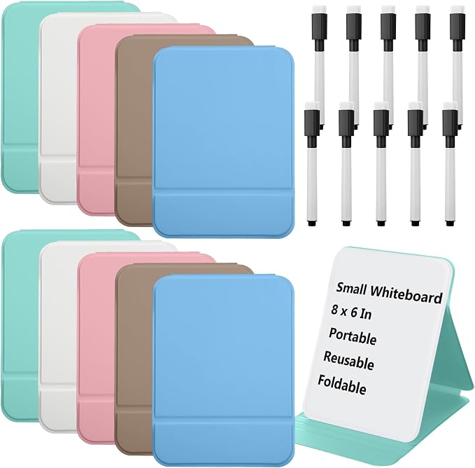 Dunzoom 10 Pcs Small Desktop Glass Whiteboard with Reversable Stand Clear Glass Mini Dry Erase Whiteboard Desktop Easel with 10 Markers for Home Office School, 8 x 6 Inch