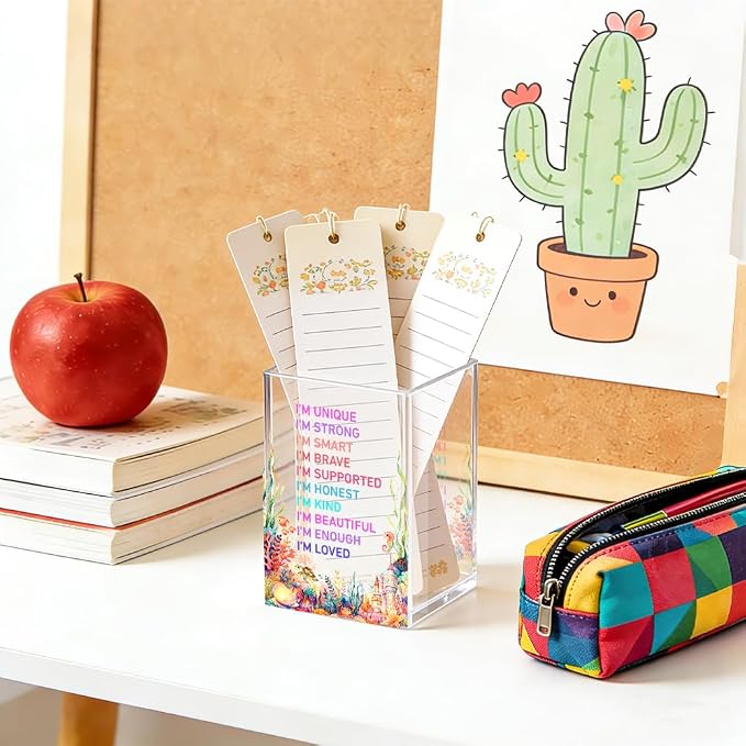 I Am Affirmation Acrylic Pencil Pen Holder Cup, Women Affirmation Desk Accessories Holder, Ocean Design Makeup Brush Storage Organizer, Back To School Birthday Gifts for Daughter Niece