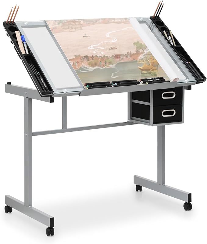 Athena Collection 41" Drafting Table Adjustable Angle Drawing Table Tempered Glass Art Desk Metal Frame Craft Desk for Artist with Fabric Drawers, Rolling Casters and Trays, Light Grey