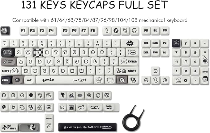 Sunzit PBT MOA Keycaps, Cute White Keycaps, 131 Keys, Dye-Sublimation Custom Keyboard Keycap Set for 61/64/68/84/87/100/104/108 Cherry MX Mechanical Keyboard, Cat and Dog