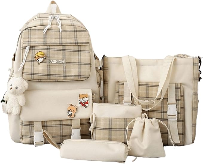 Aobiono 5Pcs Kawaii Plaid Backpack Set Aesthetic Preppy Cute Check with Pins Bear Pendant Light Academia School Supplies Kit