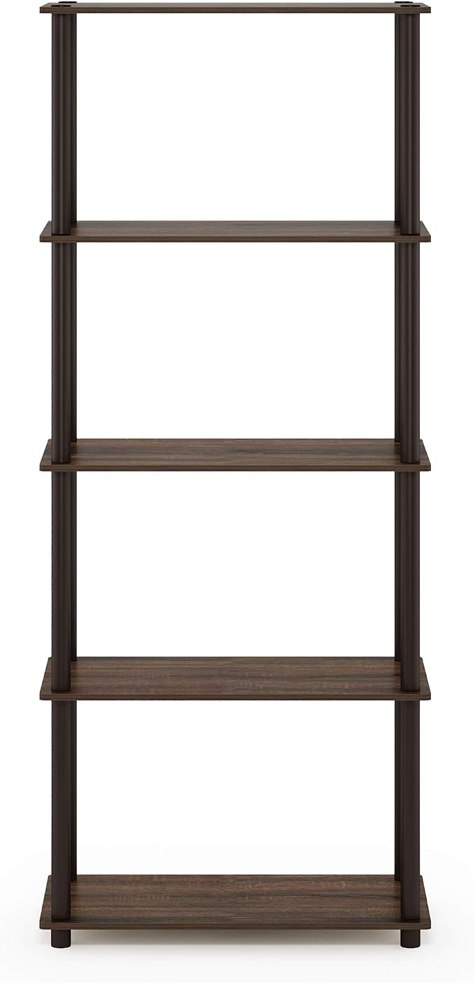 Furinno TURN-N-TUBE Storage Shelves, 5-Tier Book Shelf, Corner Shelf, Toolless Open Shelves, for Organization and Storage, Living Room, Garage, Home Office, Walnut