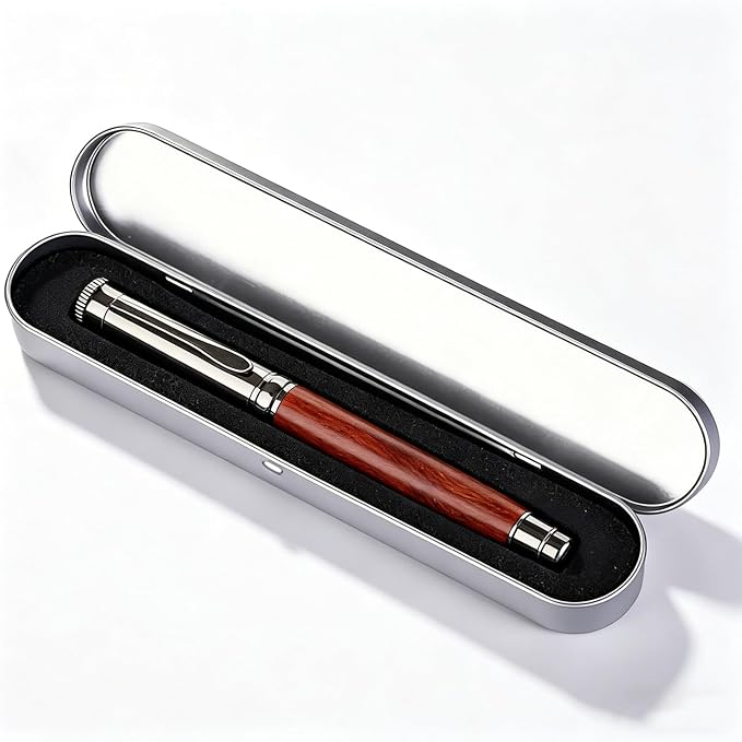 Luxury Rose Wood Rollerball Pen Set, 0.5mm Black Ink Handcrafted Rose Wood Signature Pen, Professional Executive Pens with Metal Box for Men Women